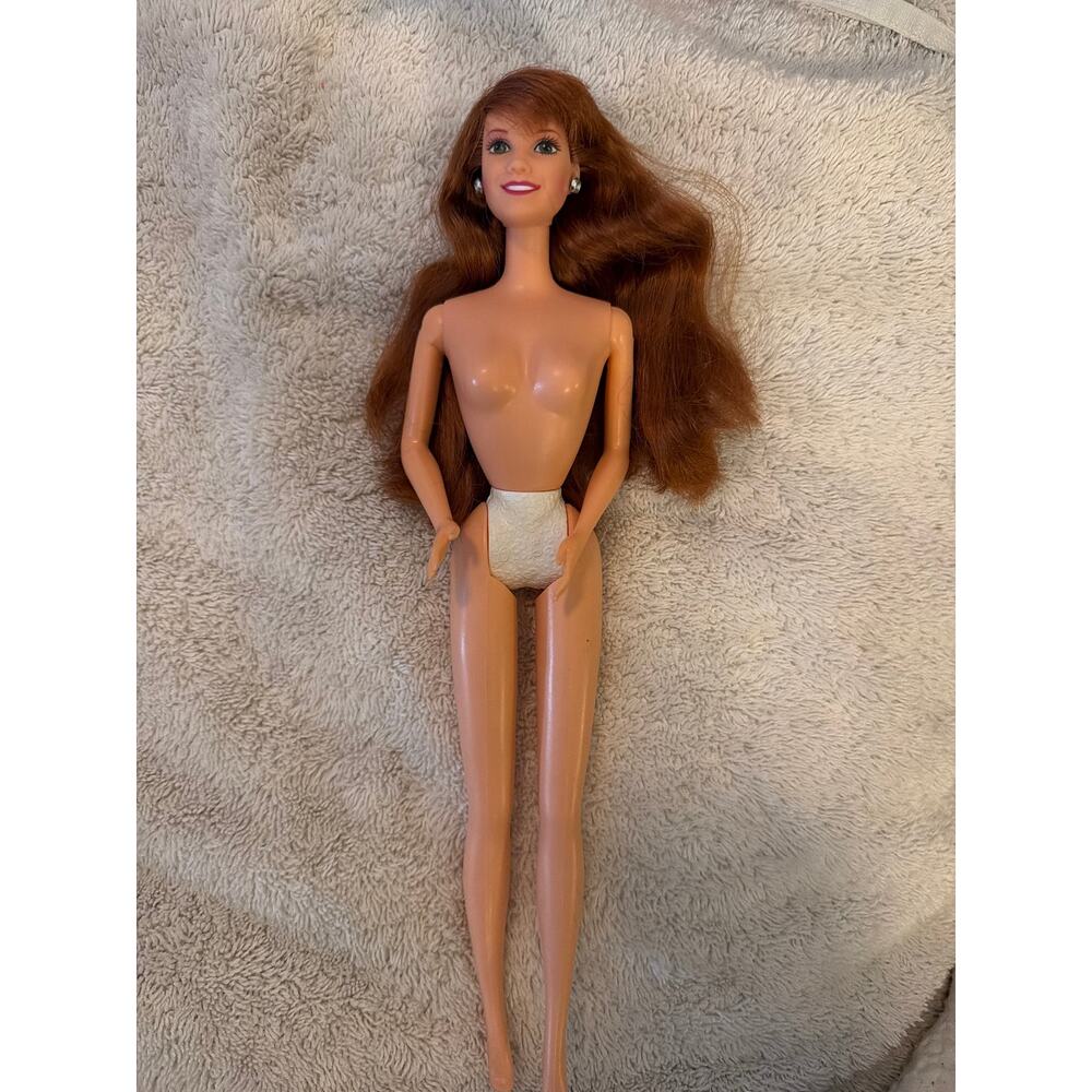Vintage Mattel Barbie Doll Auburn Red Hair Green Eyes Silver Earrings Nude 1990s